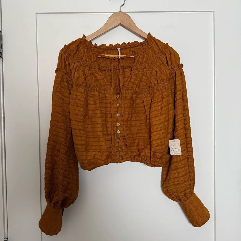 Free People Glazed Ginger Blouse Sz XS Orange Cropped Ruffle Peasant Boho NWT